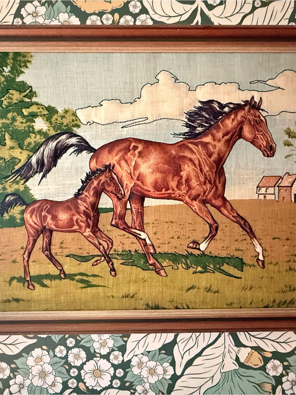Vintage Framed Mare and Foal Embroidered Art - Brown